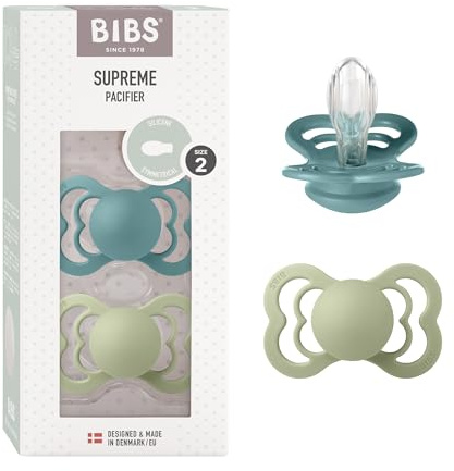 BIBS Supreme Dummies 2-Pack, BPA Free Dummy Pacifier, Silicone Symmetrical Nipple Soother, Size 2 (6-18 Months), Island Sea/Sage