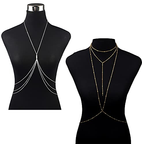 XUBX 2 Stück Damen Sexy Körperkette, Kreuz Körper Bauch Ketten Halskette, Frauen Crossover Körper Halskette Bikini Beach BH Kette, lange Kette, Reizvoller Einfacher Kette Körperzubehör