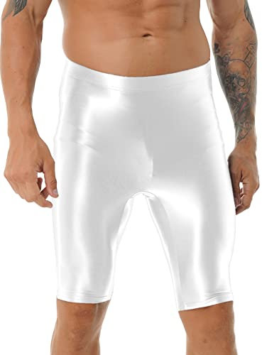 CHICTRY Herren Sport Shorts Kurze Hose Glossy Leggings High Waist Unterhose Lang Sommer Unterwäsche Stretch Pantyhose Party Clubwear Weiß XL