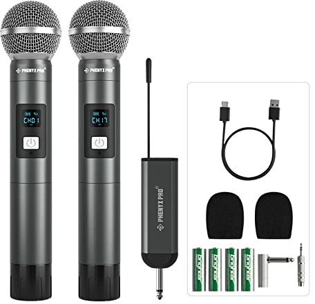 Phenyx Pro Digital Dual Sistema de Micrófono Inalámbrico de Metal, con 2 Micrófonos Dinámicos de Mano, 2x5 Grupos de Frecuencia UHF, Mini Receptor para Karaoke, Iglesia, DJ, Canto (PDP-2-2H)
