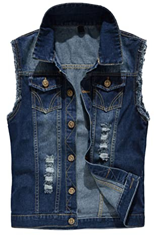 Oanviso Veste Denim Sans Manches pour Homme Gilet en Jean Déchiré Blouson en Jean avec Poches Décontractée Vintage Jean Gilet Veste Punk Style Gilet Denim de Moto Outdoor Jean Gilets