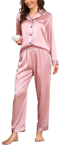 Vlazom Pyjamas for Women, Soft Satin Long Sleeve Pjs Set Two Piece Silk Pyjamas Classic Button Down Sleepwear Loungewear for All Seasons Dusky Pink,S