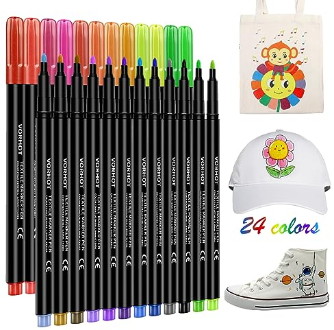 VORHOT 24 Textilstifte Waschmaschinenfest, 3mm Leuchtend Stoffmalfarben Waschfest, Permanent Textilfarbe Stoffmalstifte Textilmarker, DIY Bemalen Stoffstifte für T-Shirt Hut Stoffbeutel Basteln
