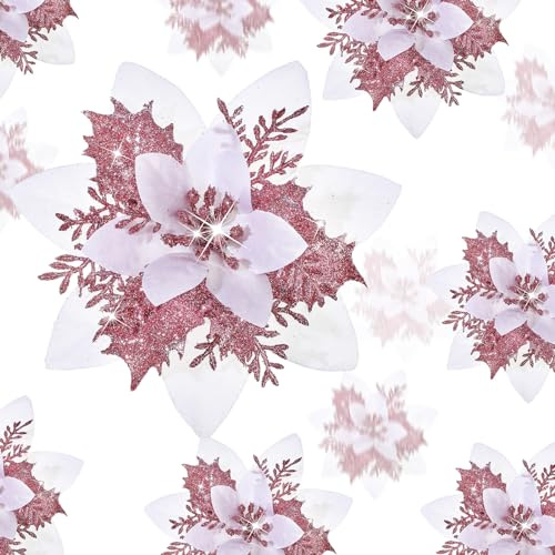 24 julglitter konstgjord julstjärna blommor jul julstjärna konstgjord bröllop blommor dekorationer julgran ornament med klämmor för festgåvor, 15 cm, 10 cm, 7 cm (3 tum) (vitrosa)