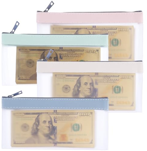 Bewudy 4 Pcs Money Bags with Zipper, Clear Cash Envelopes Coin Purse, Money Envelopes for Cash Saving, For Check Wallet Receipt Organizer Tool Pouch
