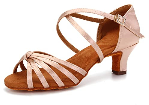 JUODVMP Women Wide Fitting Latin Salsa Dance Shoes Ladies Pink Samba Tango Dancing Ballroom Dance Practice 2inch Heel LP801QB, 6.5UK