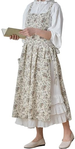Stomeshle Japanese Cotton Linen Cross Back Work Apron for Women with Pockets Pinafore Dress Smock