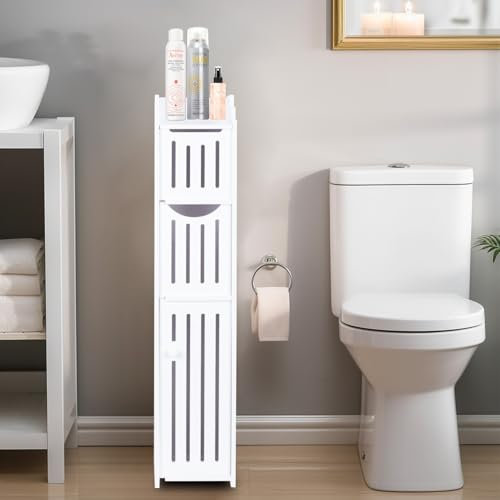 ShellKingdom Toilet Paper Holder Stand, Bathroom Storage Cabinet with Doors and Shelves, Slim Storage Cabinet for Bathroom Small Spaces Corner Shelf Organizer - White