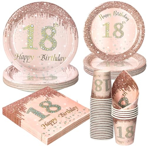 PARTY GO Partygeschirr 96 Stück rose gold 18th Geburtstagspartygeschirr Set Geburtstagsparty Tischdekoration 24 Gäste