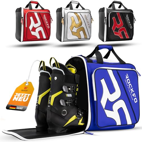 ROCKRO Skischuhtasche mit Helmfach - Robuste Tasche für Skischuhe - Wasserabweisende Skistiefeltasche mit Helmfach - Praktischer 7 Zonen Ski Rucksack für Ski Schuhe Helm Skibrille [ Blau - 49 L]