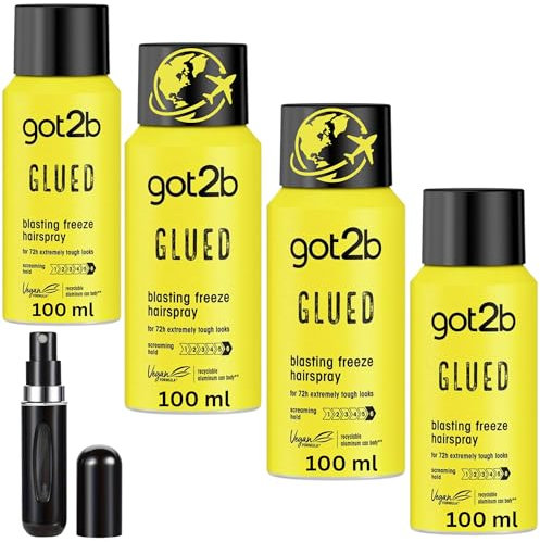 Travel Size Hairspray Bundle – Strong Hold Hair Spray with 4 x Got To Be Glued Hairspray (100ml Each) | Blasting Freeze Up to 72 Hours, Vegan, Silicone-Free and Wishesla Refillable Perfume Atomizer