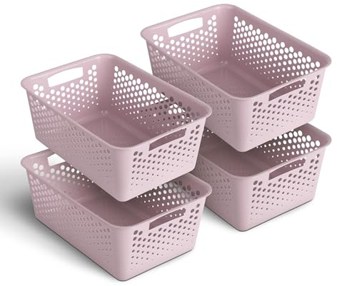 4 Stück Aufbewahrungskorb 10L mit Griffen - BPA-Frei - Organizer (37 x 26 x 17 cm/Rosa) - Körbchen für Bad Küche Schlafzimmer, Haushaltskorb
