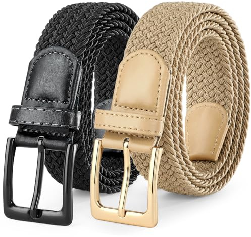 SUOSDEY 2-pack elastiska flätade bälten för män, unisex, män, kvinnor, stretchtyg, bälte, vävda midjebälten för jeans, shorts, byxor, 3,3 cm bred, A-svart (svart spänne)+beige (guldspänne), fits waist
