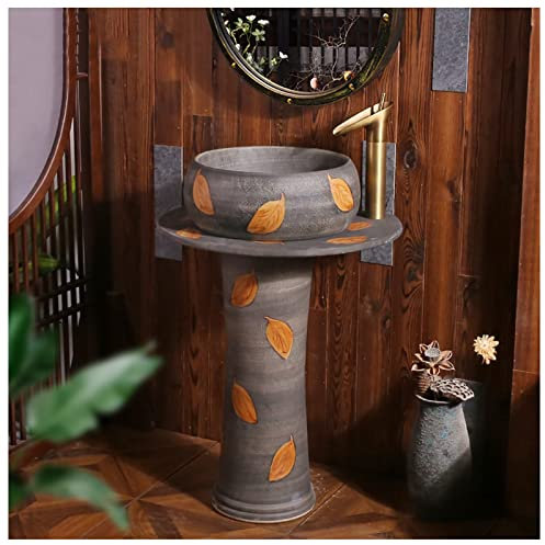 GLJTUO Pedestal Sink Handcrafted Ceramic wash Basin Pedestal washbasin, Kaolin Clay Pedestal Sink Round Freestanding Sink for Indoor and Outdoor,A, (C Without mirror)