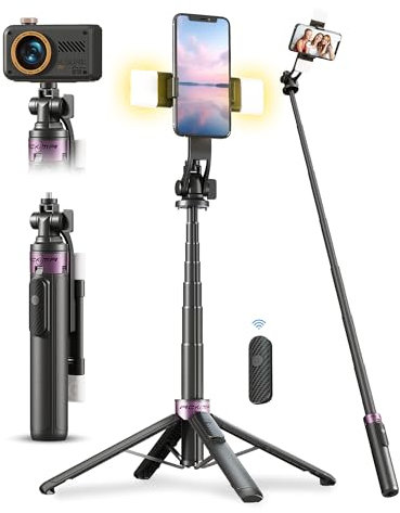 ACKIMA 53 Selfie Stick Tripod with Dual Fill Lights and 4-Leg Base | Enhanced 4-leg Steady Base, Rechargeable Wireless Remote Control, 2 Fill Lights, Travel Essentials for iPhone Android