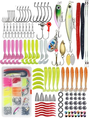 Taicols 114 Pièces Kit De Leurres De Pêche Appâts Souples,Spinnerbaits, vers Plastique Et Crochets pour Pêche en Eau Douce Et Eau Salée Matériel Portable avec Boîte De Rangement