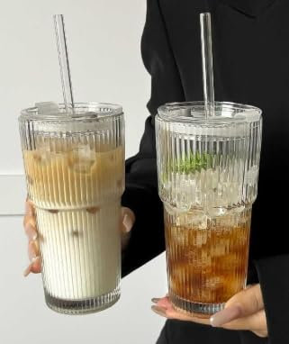 Mexgcom 2 Piezas de 600ml Vaso de Vidrio Con Tapa y Pajitas y Cepillo de Cristal, Taza de Batido Hecha de Vidrio, Copas de Café Helado, Taza de Batidos HerméTicamente y DiseñO Impermeable
