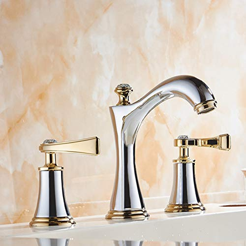 Modern krom och guld mässing 3 hål dubbelhandtag badrum handfat kranar däckmonterade fyrkantiga handfat kranar för varmt och kallt vatten