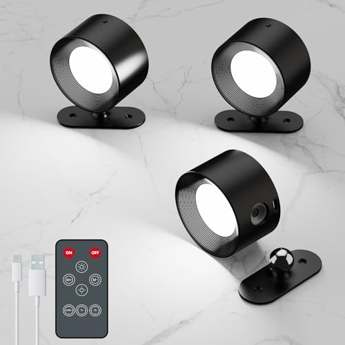 Coollamp LED Battery Operated Wall Lights, 3Pack Wall Lamp with Remote Control 3 Color Modes 3 Brightness Levels 360°Rotate Magnetic, Reading Lights for Living Room Bedroom Black