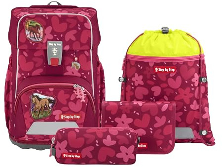 Step by Step Giant Schulranzen-Set „Wild Horse Nora“, 5-teilig, rot, ergonomischer Tornister mit Reflektoren, höhenverstellbar mit Hüft- und Brustgurt, für Mädchen ab der 1. Klasse, 23 Liter