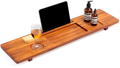 Realgulf Luxury Teak Bathtub Caddy Tray - 35 Expandable Bath Bridge for Freestanding & Standard Tubs - Water-Resistant Solid Wood Spa Organizer with Wine Glass, Phone Holder & Non-Slip Grips