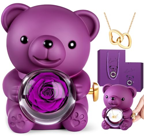 Aloskart Oso con Rosa Eterna y Collar,Oso Rosa Preservada para Novia,Mujer