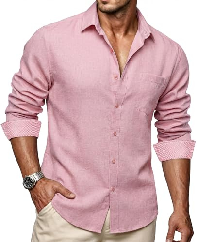 Ailisus Men's Linen Shirts Long Sleeve Regular Fit Business Casual Cotton Dress Shirt Button Down Contrast Collar