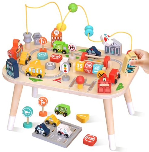 Weilim Tavolo Multiattività Montessori Legno, Labirinto Perline & Trenino