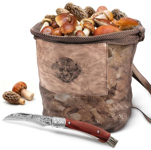 DRACHENADER Mushroom Foraging Kit with Damascus Steel Knife – Foldable Blade with Brush, Mesh Bag & Adjustable Strap, Ideal for Hiking and Outdoor Foraging