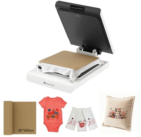 SCULPFUN Prensa térmica automática H1 38 x 38 cm con lámina de teflón de PTFE 30 x 500 cm, impresión hacia arriba y presión ajustable, prensa caliente automática para DTF, camisetas de bricolaje