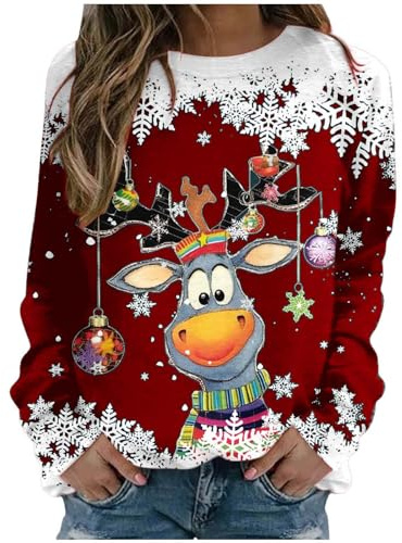 Generisch Sweat-shirt décontracté Père Noël pour femme - Haut à col rond - Sans pull léger avec imprimé festif - Idéal pour les looks de vacances - Mélange de coton résistant - Polyvalent, rouge, XL