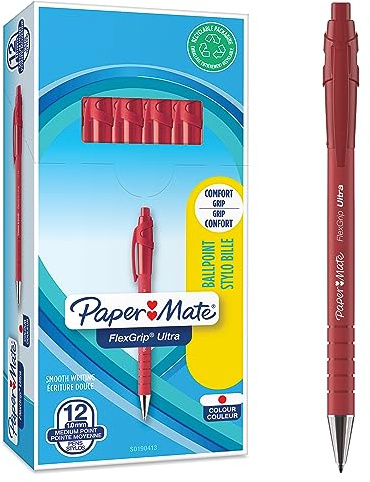 Paper Mate Flexgrip Ultra Retractable Ballpoint Pens | Medium Point (1.0mm) | Red | 12 Count