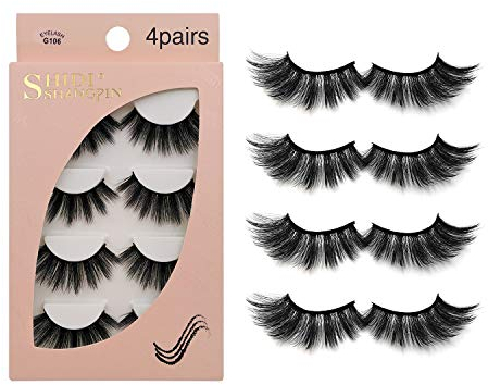 Faux Cils 4 Paires - Coupe de cils réutilisables professionnels pour le visage pour tous les yeux, Naturel épais fait à la main Cils 3D en Faux Vison pour un beau maquillage Look G106