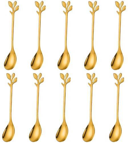 AnSaw Elegant Gold Leaf Coffee Spoons - 10-Piece, 4.7 Mini Stainless Steel Espresso & Dessert Tea Spoons, Perfect for Demitasse & Small Servings