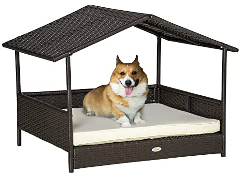 PawHut Wicker Dog House Outdoor with Canopy, Rattan Dog Bed with Water-Resistant Cushion, Raised Pet Bed for Small, Medium Breeds up to 66 lbs, 20 in Length, Brown Wicker, White Cushion