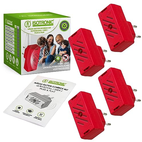 ISOTRONIC Mäusevertreiber Nagetier Vertreiber mit Ultraschall | Abwehr gegen Mäuse und Ratten, elektrisch | Tiervertreiber ohne Mausefalle und Rattengift, 4 Stück