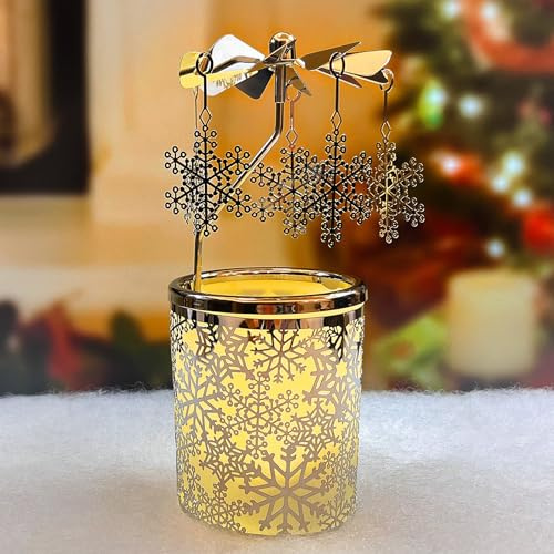 Portacandela rotante stile carosello con ciondoli a forma di angelo, decorazione natalizia per centrotavola, regalo per mamma, donne, mogli, compleanni, altezza 16 cm (fiocco di neve)