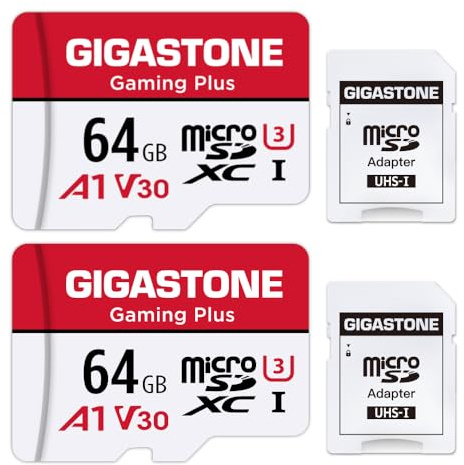 Gigastone Speicherkarte, 64 GB, 2 Karten, Gaming Plus Serie, Lesegeschwindigkeit bis zu 95 MB/s, A1 U3 V30 Micro SDXC-Karte für Nintendo Switch Kamera Full HD Video mit SD-Adapter.