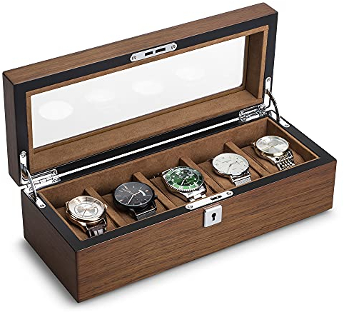 QIWODE Scatola per orologi con 6 scomparti, finta pelle di legno, coperchio in vetro, cuscino rimovibile, chiusura in metallo, regalo per uomo o donna, marrone scuro