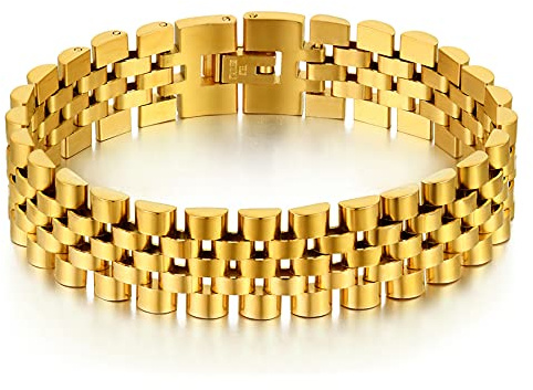 Flongo Herrarmband män armband stort brett armband cykelkedja silver svart guld hip hop rapper motorcyklist biker män accessoarer, 19.5 centimeters, Rostfritt stål,