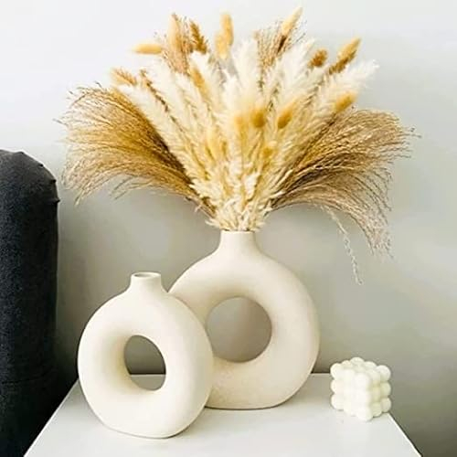 2 weiße Keramik-Blumenvasen für Wohnungsdekoration und Schlafzimmerdekoration, dekorative Vasen für Tischdecke mit Pampasgras