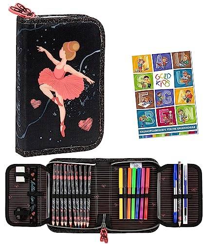 Goldkids Federmappe Federmäppchen Federtasche Ballerina Tänzerin Motiv mit Inhalt 22-teilig Buntstifte Kugelschreiber Lineal Anspitzer Fasermaler Radiergummi Etui inkl Hausaufgabenheft