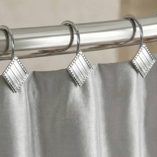 Brushed Nickel Shower Curtain Hooks: Rust Proof Metal Curtain Rings, 12Pcs | Stylish Geometric Diamond Decorative Shower Hooks, Elegant Hanging Hangers for Shower Rod, Gift for Modern Bathroom Decor