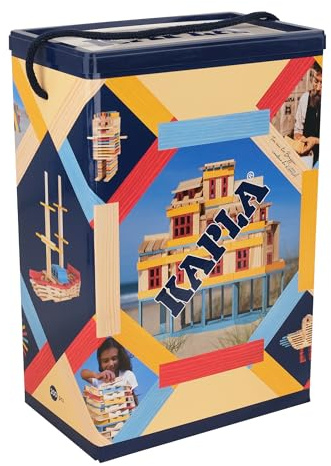 KAPLA - Baril Estival 200 piastre colorate (blu, rosso e giallo) con libro di costruzione, gioco in legno, gioco di costruzione, fino a 2 anni