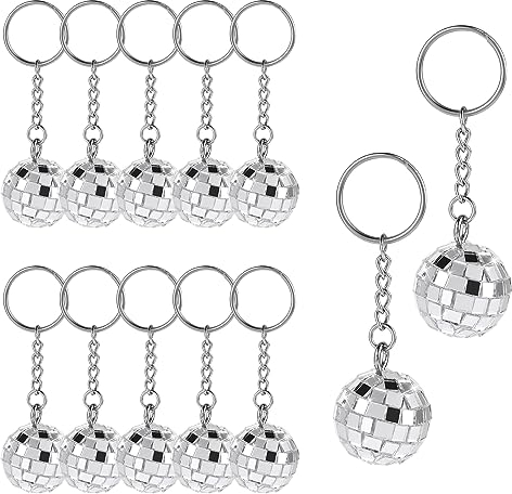 Portachiavi a forma di palla da discoteca, 12 pezzi, per bomboniere, portachiavi anni '70, portachiavi da discoteca argento a specchio, accessori per feste anni '70, set di bomboniere per Halloween,