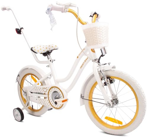 sun baby Heart Bike Vélo Enfant Fille 16 Pouces, dès 4 Ans, avec roulettes stabilisatrices, Barre de poussée, Panier, Sonnette, Frein V-Brake (Or Blanc, 16 Pouces)