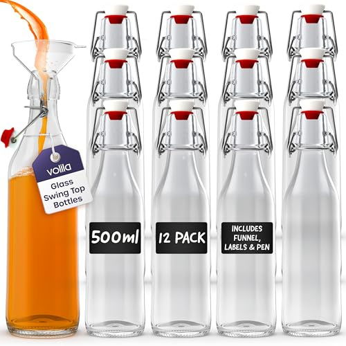 Volila Glass Bottles with Stoppers - Clear Swing Top Bottles for Homebrewing, Beverages, Kombucha, Wine, Vinegar and Oil (500ml - 12 Pack)