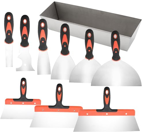 Spachtel Set aus Edelstahl, 10-teiliges Spachtel Werkzeug mit Silikongriff, Trockenbau Spachtel & Putzmesser Set für Trockenbau, Verputzen, Malerarbeiten, inkl, Spachtelkasten