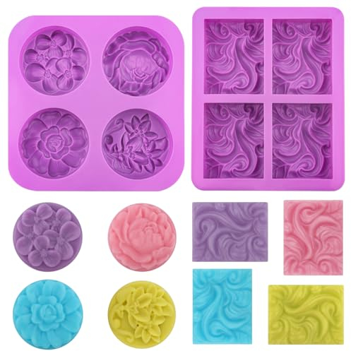 2 Stück Seifenformen Silikon, Silikonformen Seife, Seifen Gießen Formen, Silikonformen Gießformen Seife, Hausgemachte Seifenform, Seifengießform, Gewellt Rechteckige und Blumen Rund, für Seife DIY