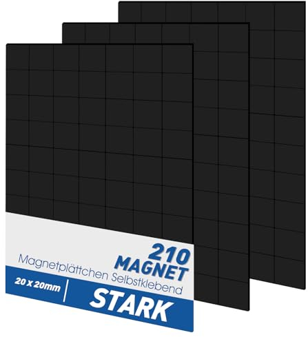 20 x 20 mm Self-Adhesive Magnetic Plates, Pack of 210 Flexible Adhesive Magnets Magnets Self-Adhesive Magnetic Pads for Pictures Posters Photos Notes (for Light and Small Items)